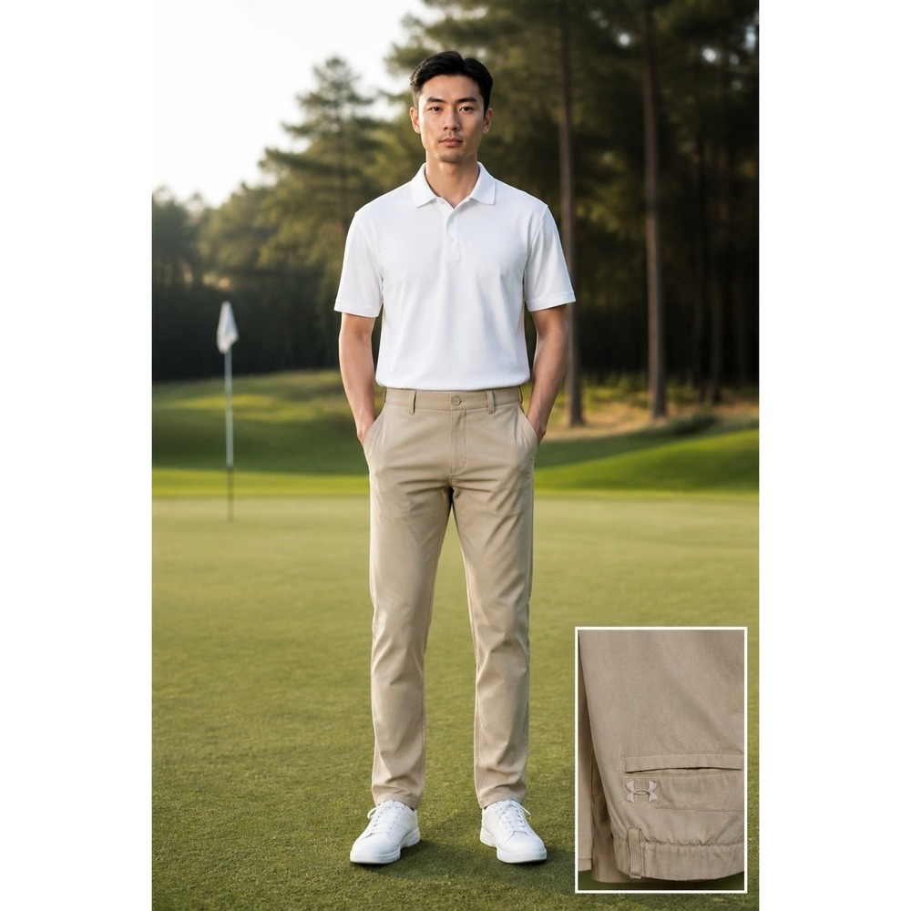 Under Armour Mens Golf Pants Khaki Tan Loose Fit Performance Trousers Size 36